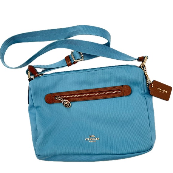 Coach Sawyer Canvas & Tan Leather Crossbody Bag in Blue Jay, Front Zipper Pocket - Picture 1 of 17